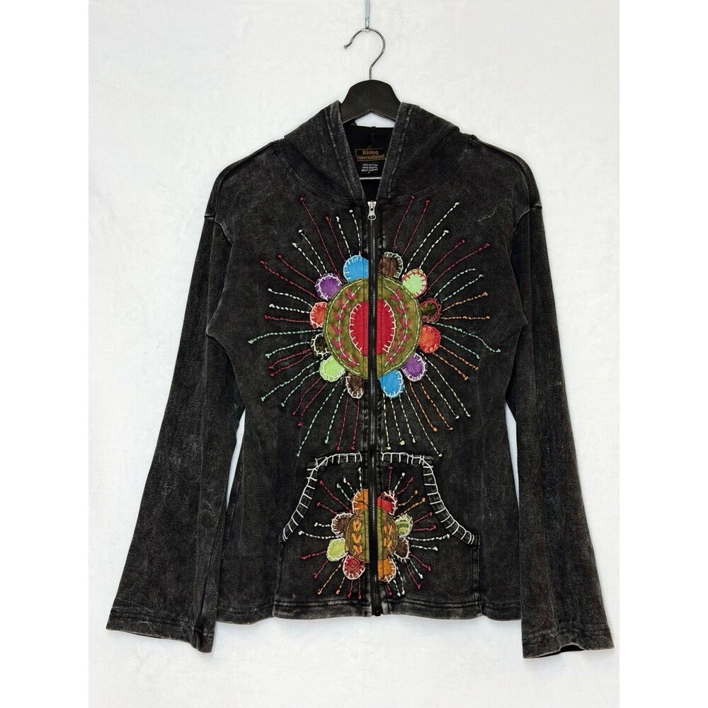 Rising International Boho Embroidered Sunburst Zip Hoodie Black Art Festival L